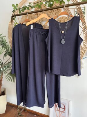 Conjunto Três Peças Lãzinha Azul Marinho Max Cardigã + Pantalona