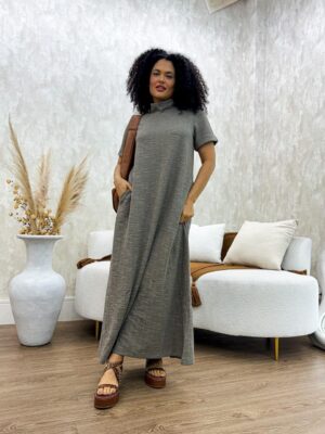 Vestido Longo Gola  Cinza